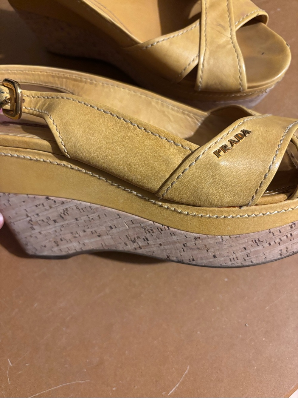 Prada Mustard Leather Cork Wedge Sandals